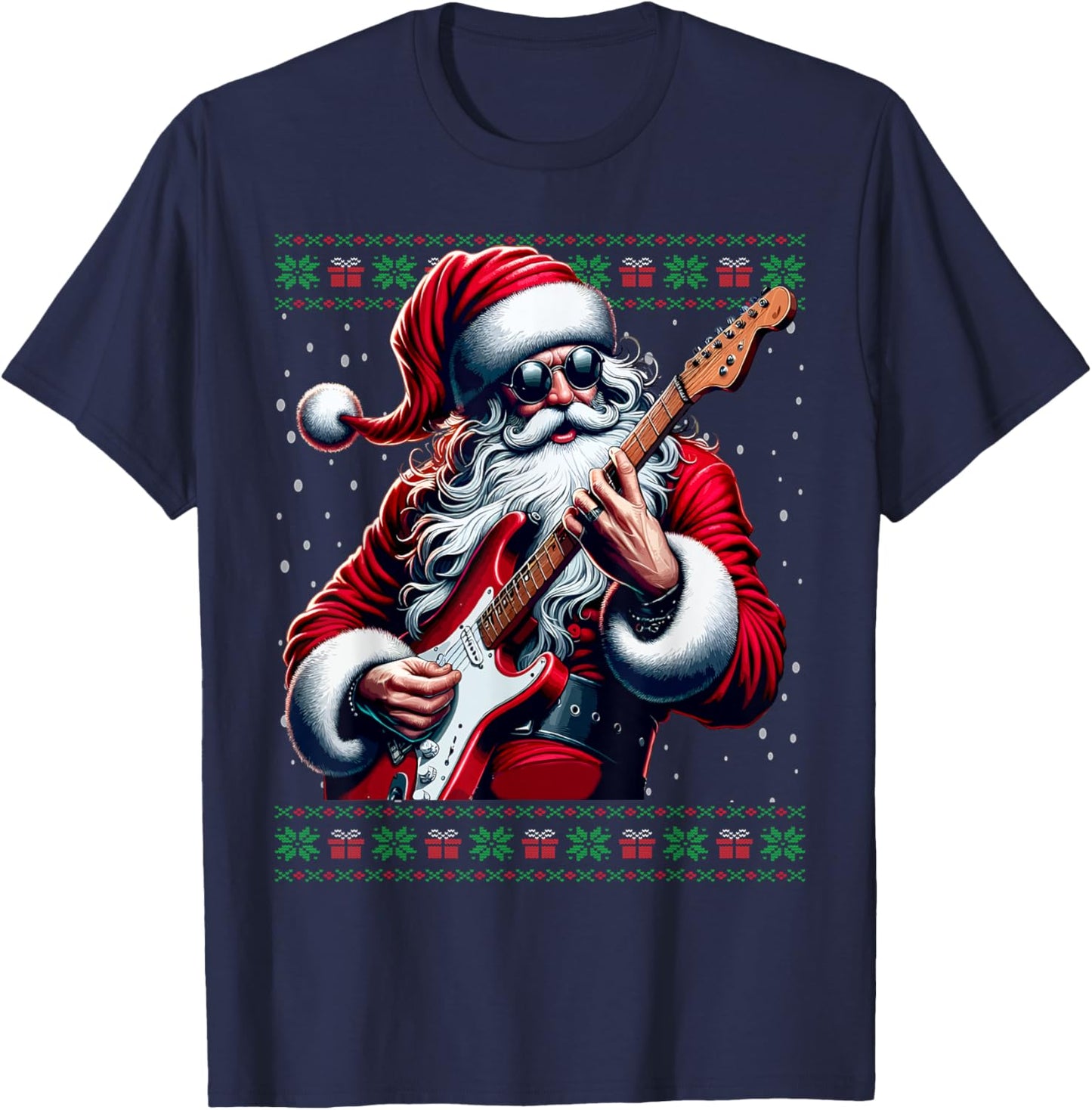Santa Guitar Musician Guitarist Ugly Christmas Sweater T-Shirt - T-Shirt | Navy