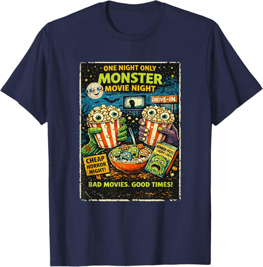 Retro Horror Monster Popcorn Drive-in Design T-Shirt - T-Shirt | Navy