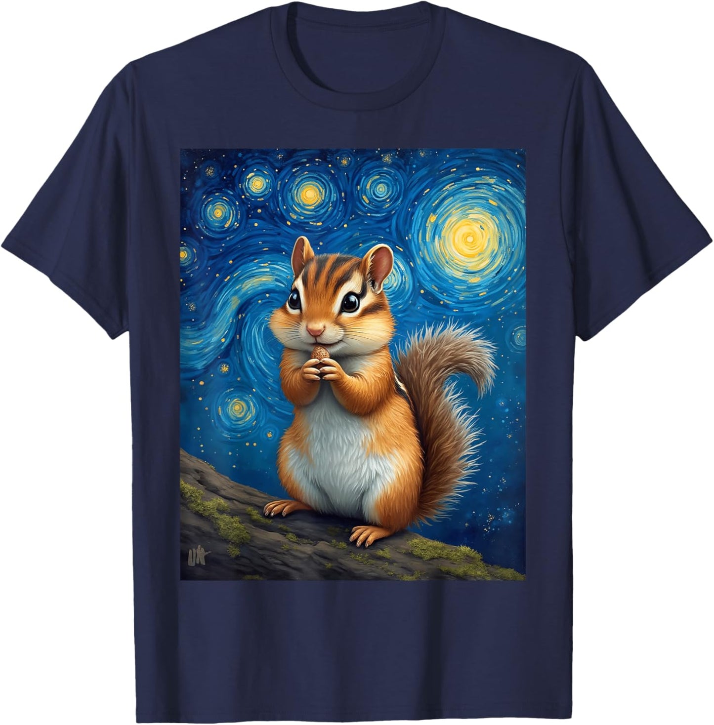Van Gogh's Starry Night Chipmunk Striped Squirrel Animal T-Shirt - T-Shirt | Navy