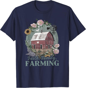Vintage Faith Family Farming, Boho Floral Vintage Farmer T-Shirt - T-Shirt | Navy