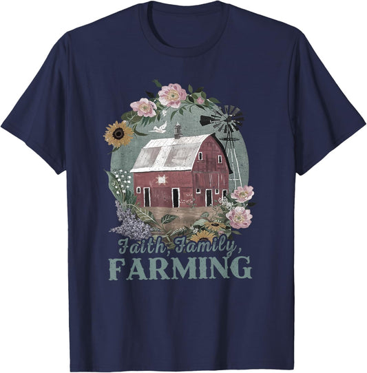 Vintage Faith Family Farming, Boho Floral Vintage Farmer T-Shirt - T-Shirt | Navy