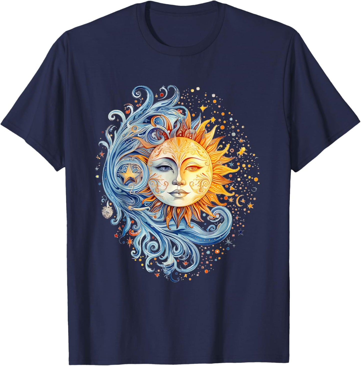 Mystical Sun and Moon with Woman Mystical Flowers Aesthetic T-Shirt - T-Shirt | Navy