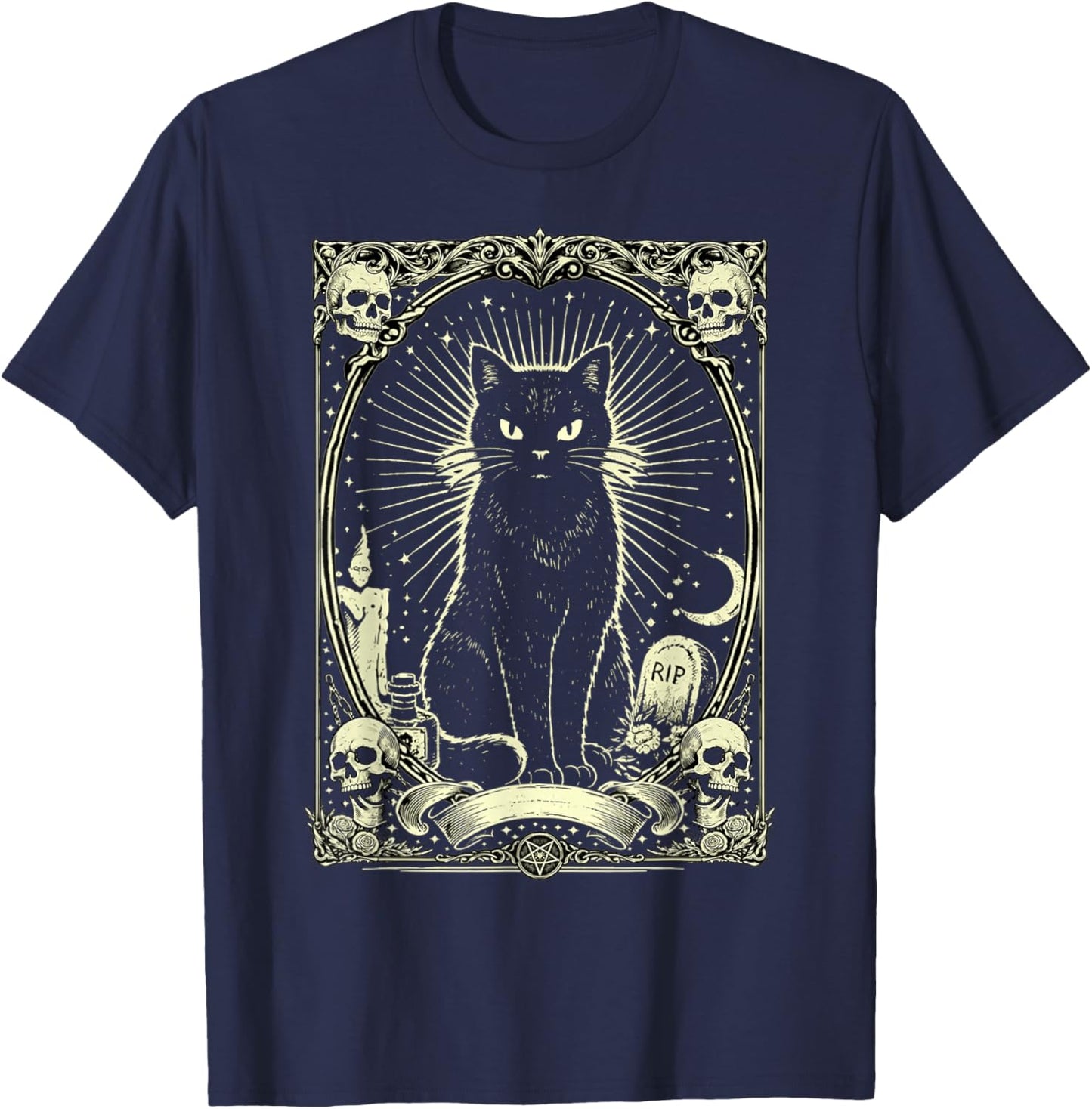 Gothic Black Cat Vintage Design T-Shirt - T-Shirt | Navy
