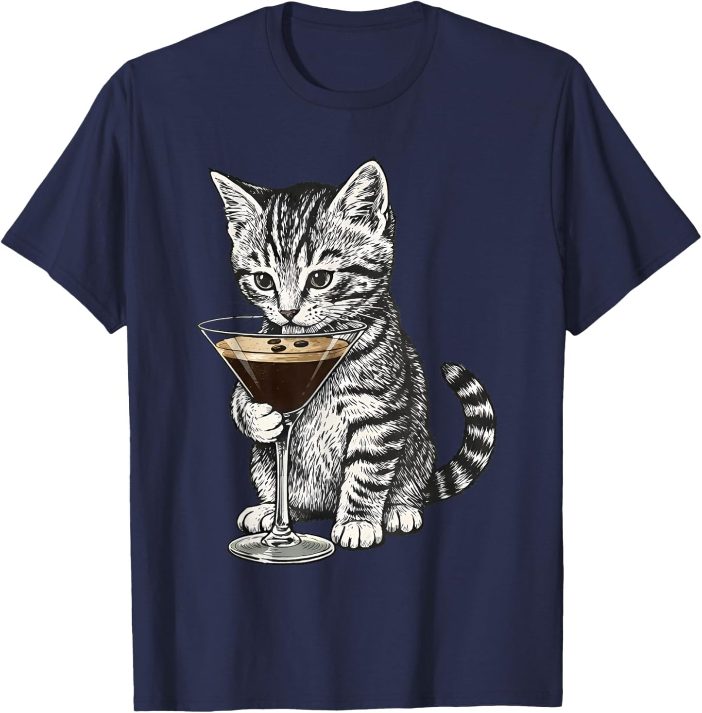Funny Cat Drinking Cocktail Cute Kitten Cat Lover T-Shirt - T-Shirt | Navy