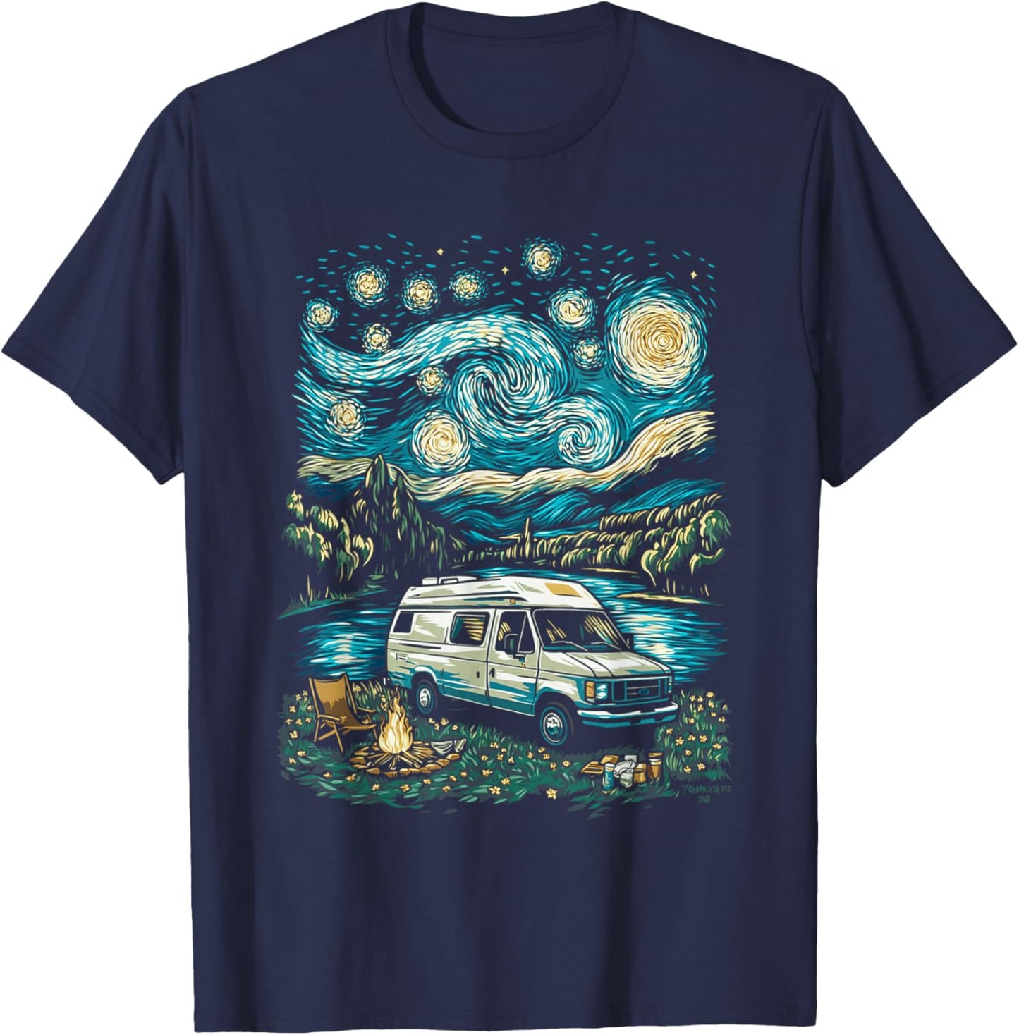Camper Van Adventure Under Starry Sky Near Flowing River T-Shirt - T-Shirt | Navy