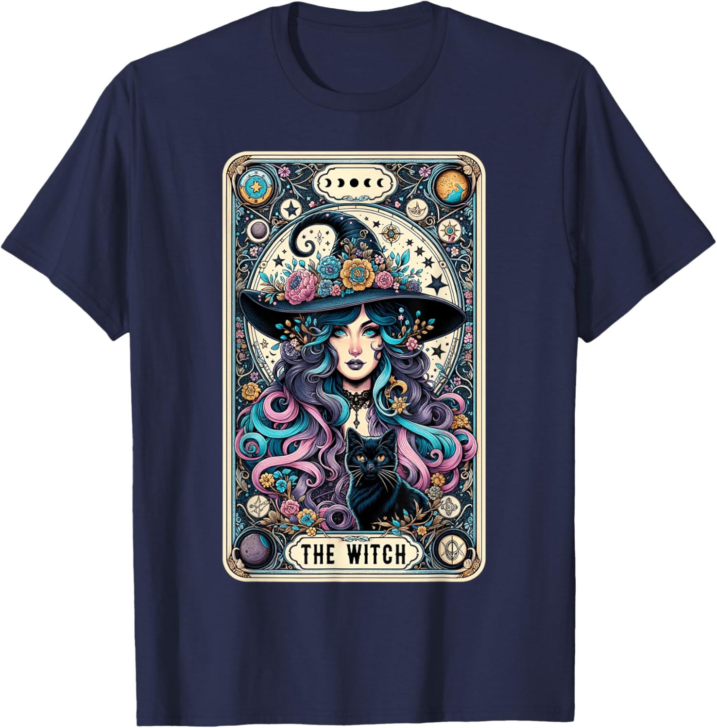 The Witch Cat Tarot Card Witch Vintage Gothic Halloween Women Kids T-Shirt - T-Shirt | Navy