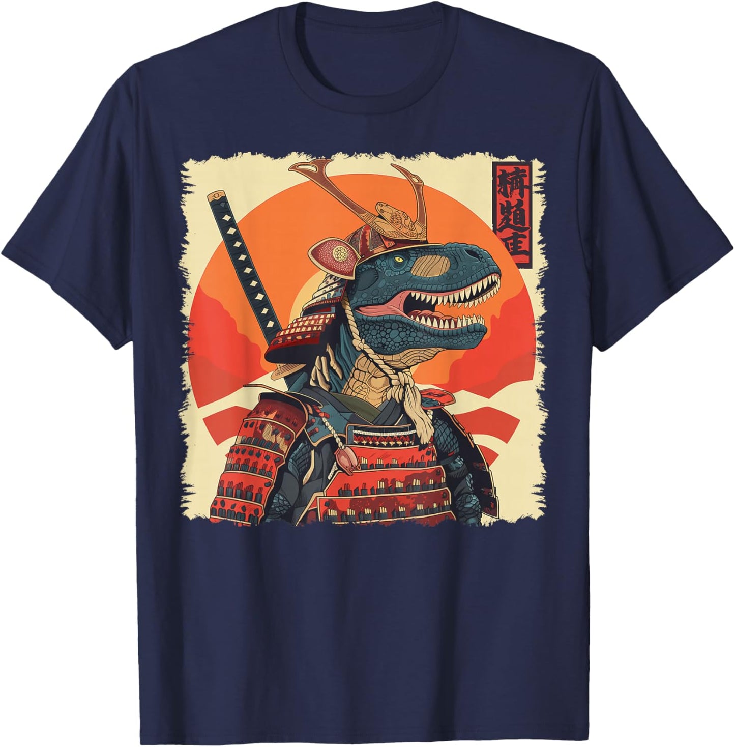 T-Rex Dinosaur Tyrannosaurus Rex Japanese Samurai Ukiyo-e T-Shirt - T-Shirt | Navy