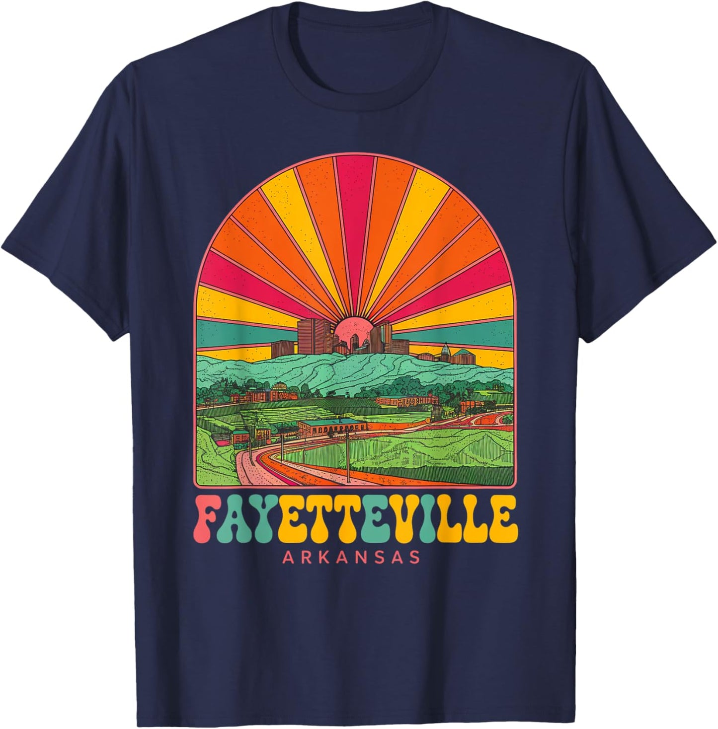Vintage Fayetteville Arkansas Sunset Skyline Cityscape Retro T-Shirt - T-Shirt | Navy