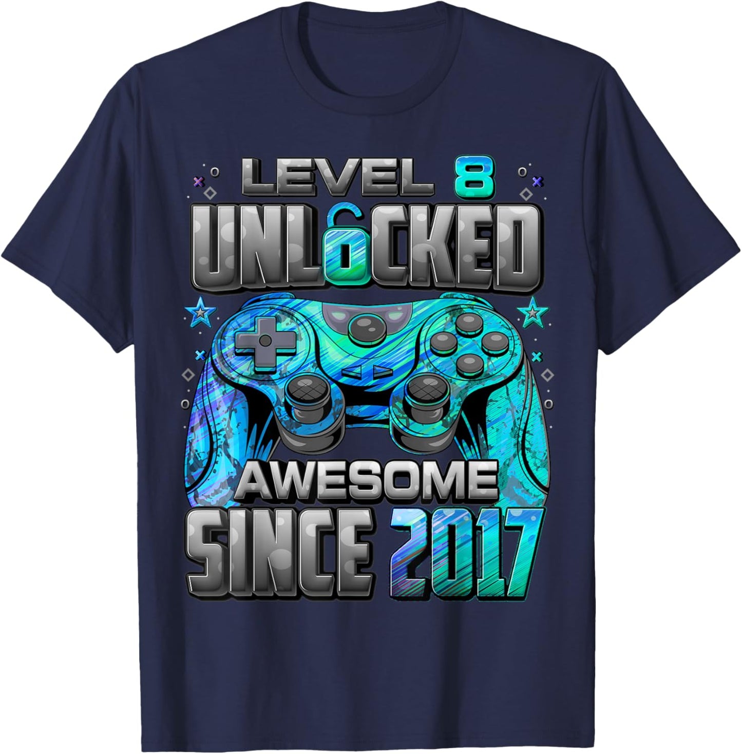 Level 8 Unlocked Awesome Since 2017 8th Birthday Gaming T-Shirt - T-Shirt | Navy
