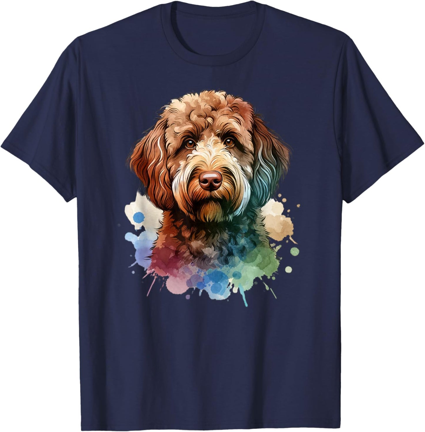 Doggies Unlimited Chocolate Labradoodle Dog Watercolor Artwork T-Shirt - T-Shirt | Navy