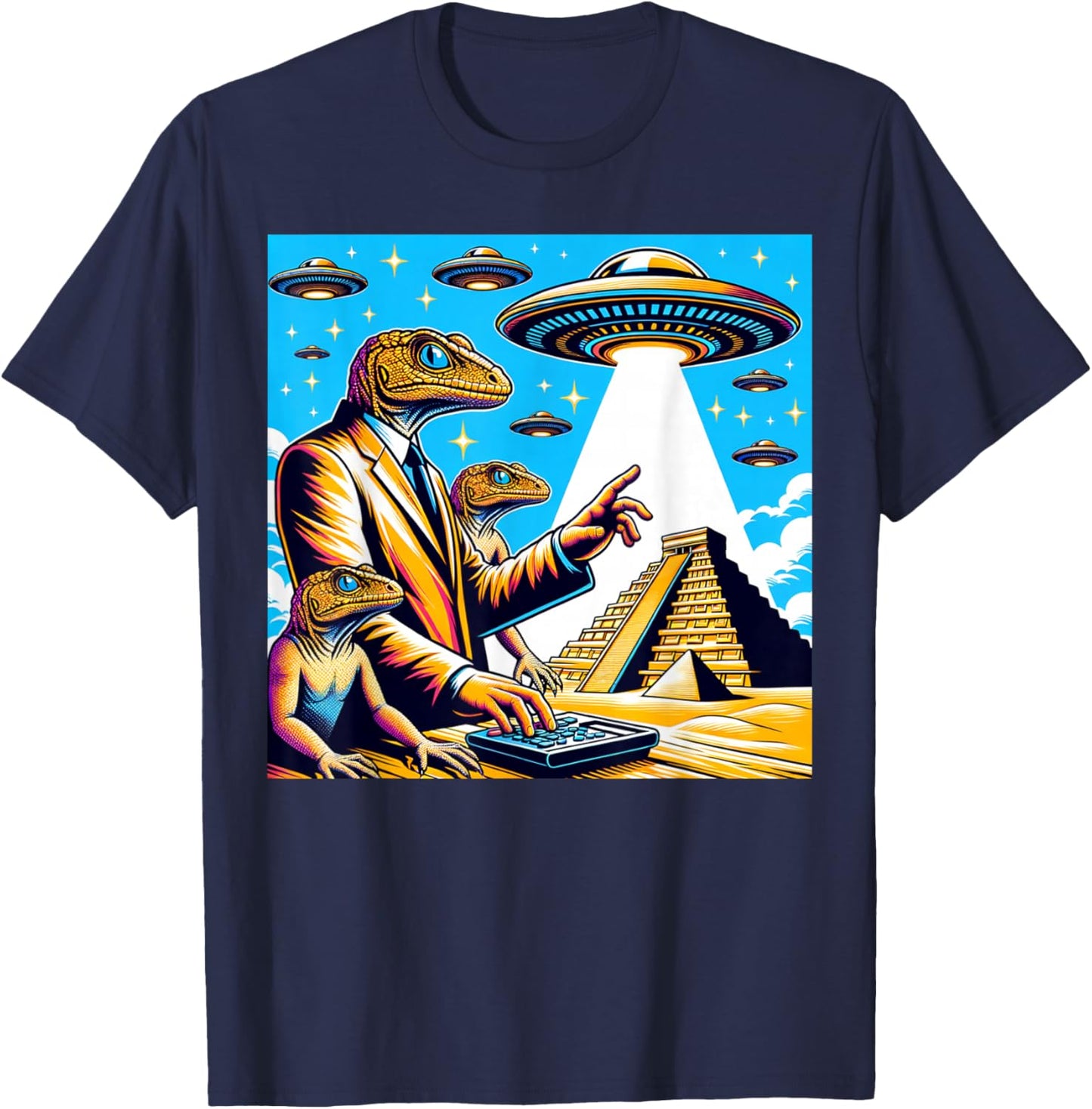 Lizard Conspiracy Theory UFO Chichen Itza Mexican Pyramids T-Shirt - T-Shirt | Navy