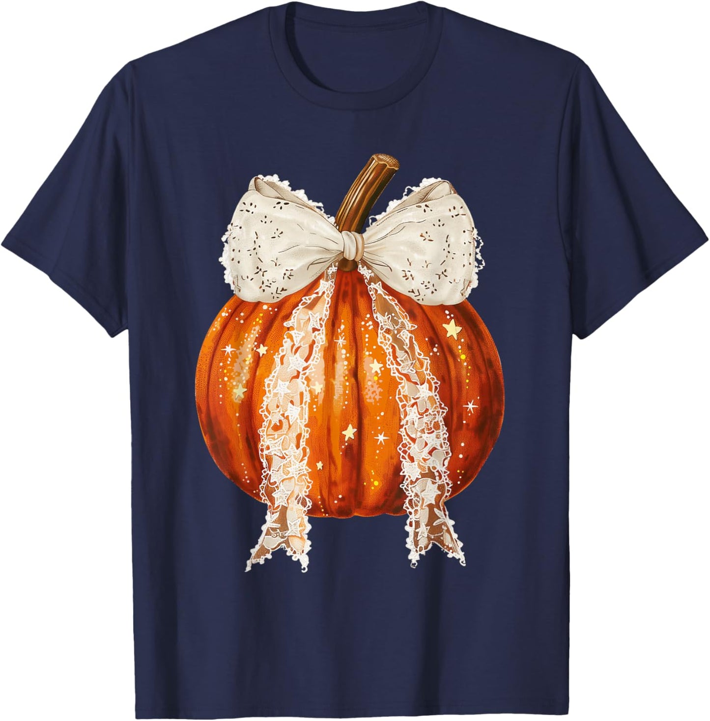 Coquette Bow Pumpkin Season Autumn Fall Y'all Thanksgiving T-Shirt - T-Shirt | Navy