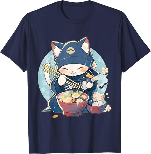 Japanese Art Ramen Cat Ninja Ukiyo-e Anime Style Samurai Cat T-Shirt - T-Shirt | Navy