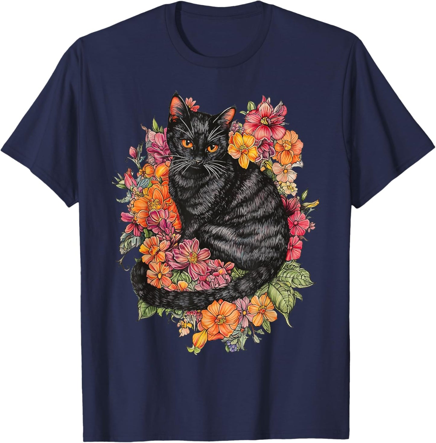 Cat Flower Floral Cute Kitten Graphic T-Shirt - T-Shirt | Navy