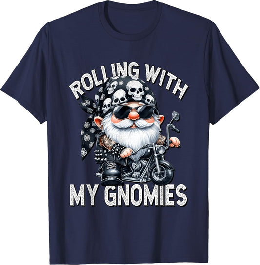 Funny Saying Motorcycle Biker Gnome Rolling With My Gnomies T-Shirt - T-Shirt | Navy