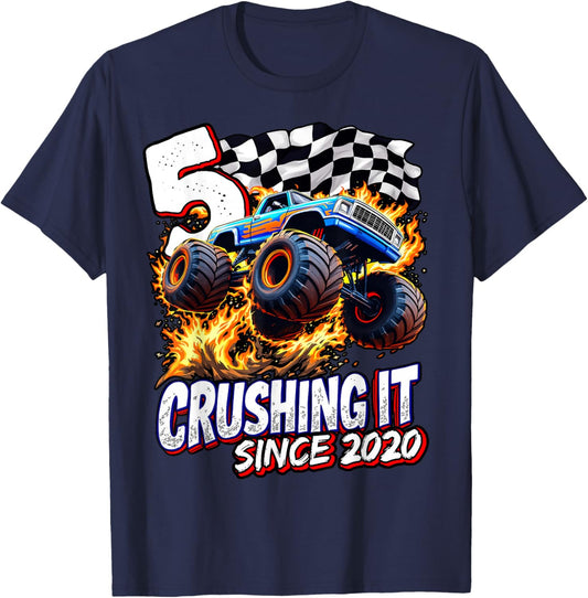 Birthday Monster Truck 5 year Old Boys 5th Party Born 2020 T-Shirt - T-Shirt | Navy