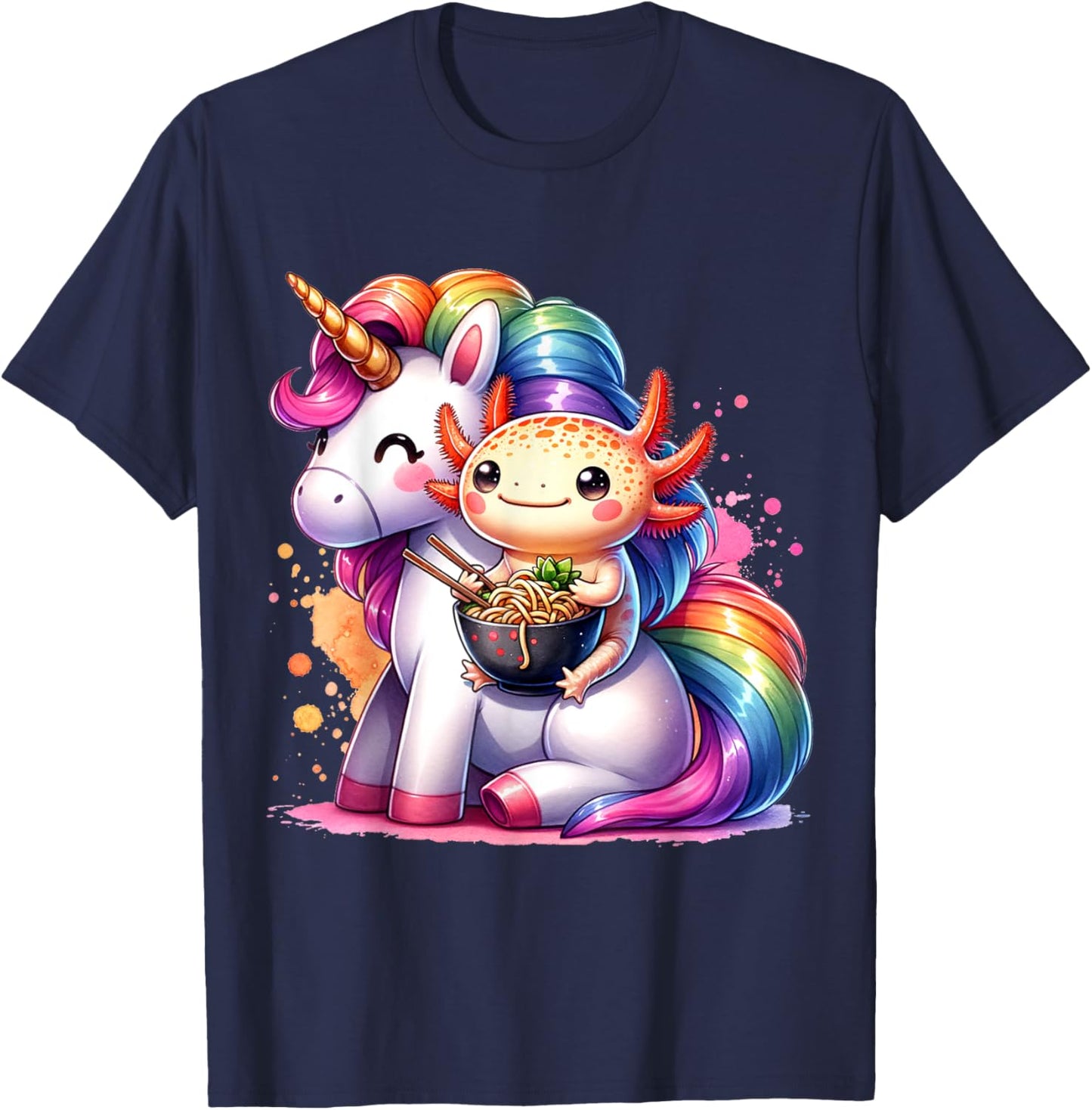 Cute Anime Kawaii Axolotl Riding A Unicorn And Eating Ramen T-Shirt - T-Shirt | Navy
