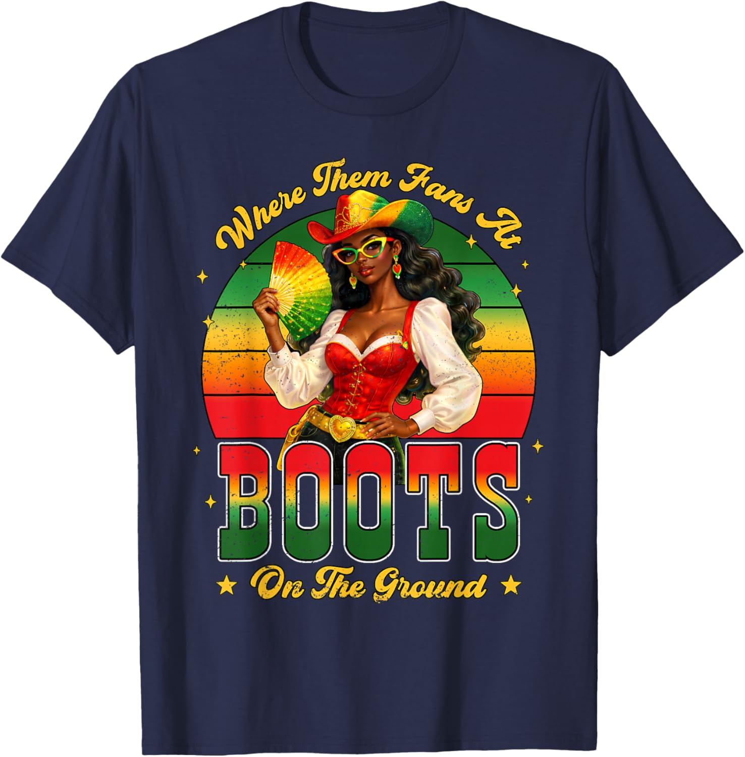 Juneteenth Cowgirl Boots On The Ground Where Them Fans At T-Shirt - T-Shirt | Navy