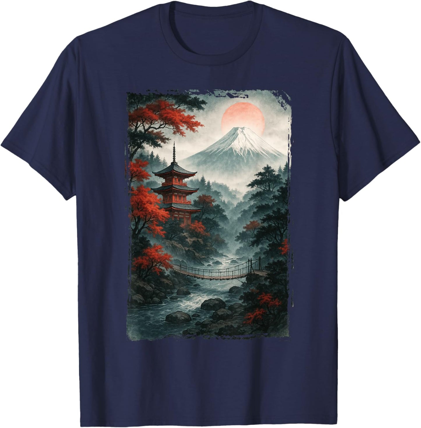 Japanische Landschaft & Bergblick, Sonne, Vintage Japan T-Shirt - T-Shirt | Navy