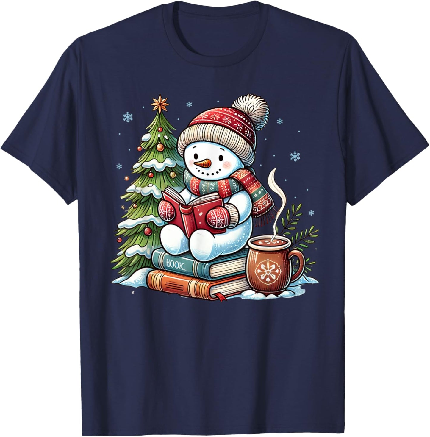 Snowman Reading Book Lovers Christmas Librarian Bookworm T-Shirt - T-Shirt | Navy
