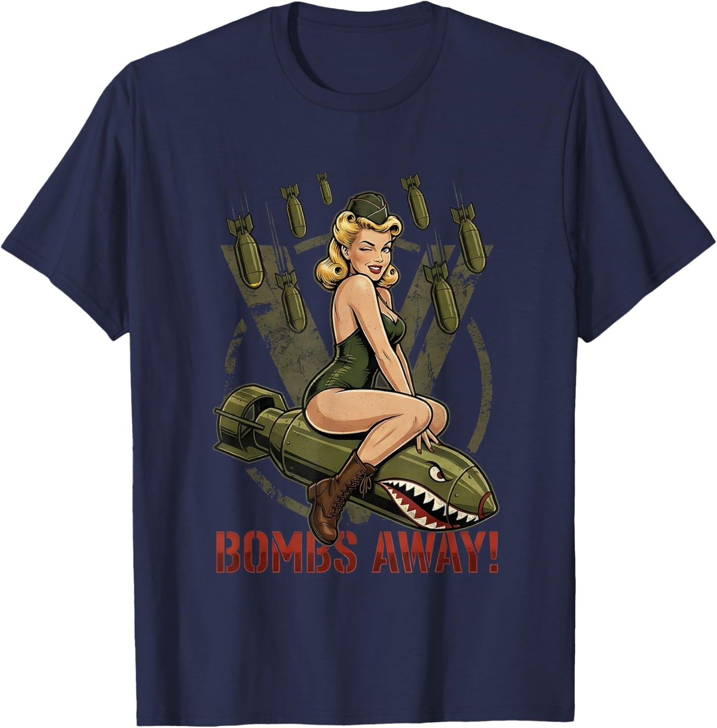 WW2 Pin Up Girl World War Two History Bombs Away Graphic T-Shirt - T-Shirt | Navy