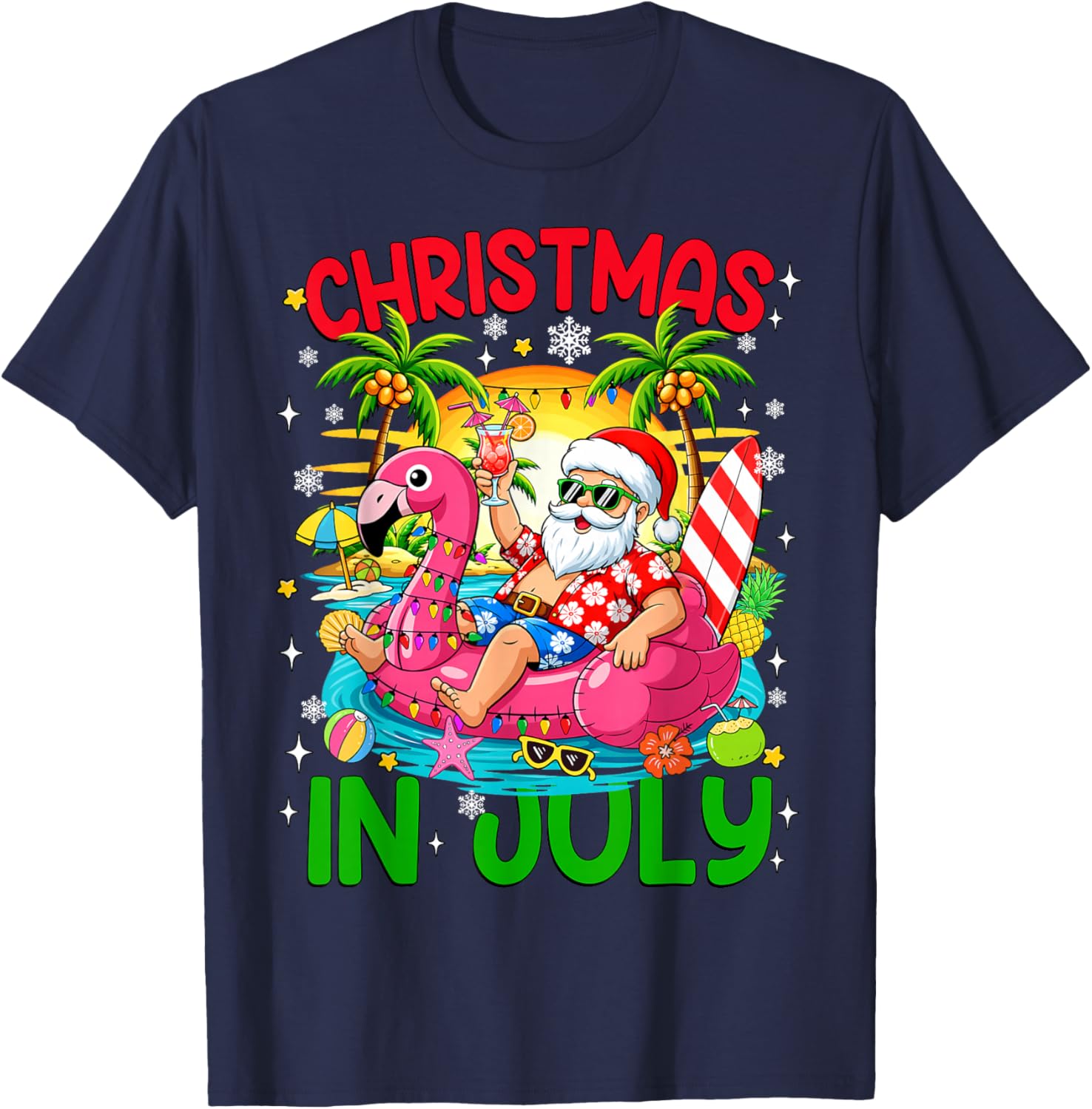Funny Christmas in July Santa Flamingo Float Summer Xmas Kid T-Shirt - T-Shirt | Navy