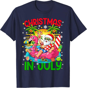 Funny Christmas in July Santa Flamingo Float Summer Xmas Kid T-Shirt - T-Shirt | Navy