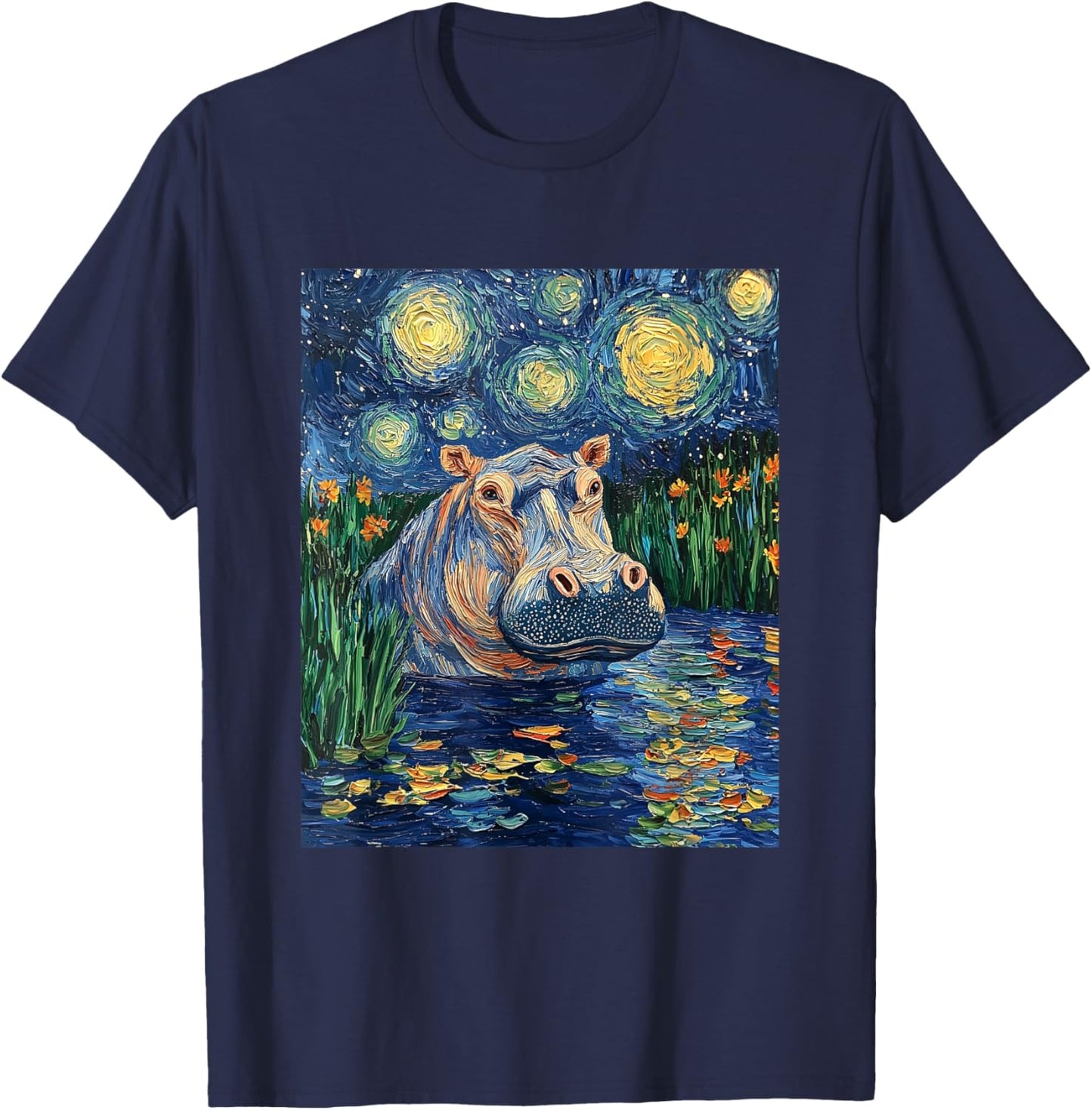 Hippo Hippopotamus - Van Gogh Style - Starry Night T-Shirt - T-Shirt | Navy