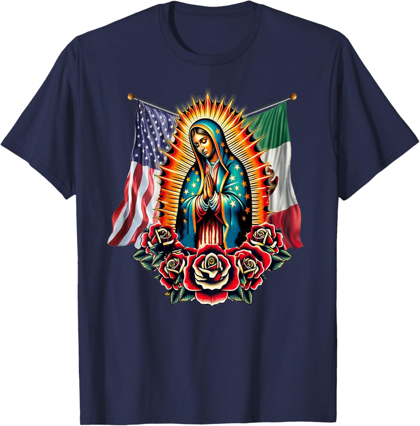 Virgen De Guadalupe Virgin Mary Mexican American Flag T-Shirt - T-Shirt | Navy