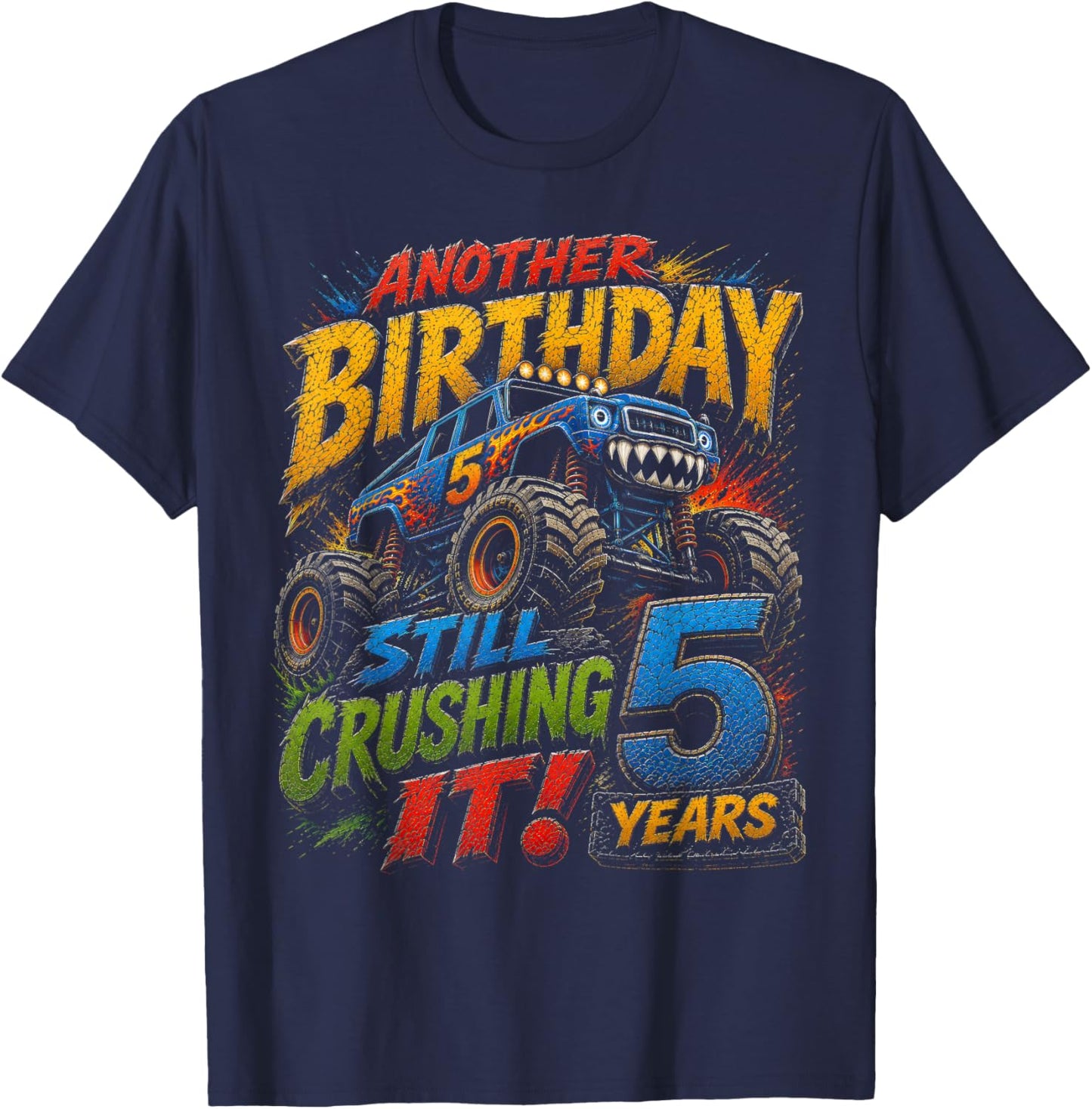 Monster Truck 5th Birthday Shirt 5 Year Old 5th Birthday Boy T-Shirt - T-Shirt | Navy