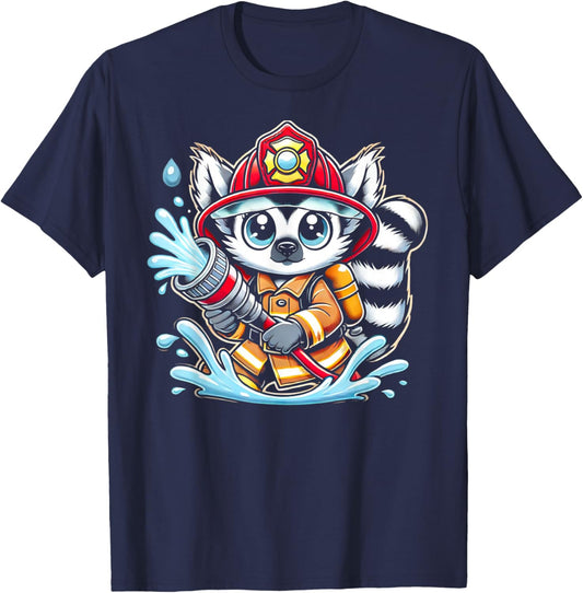 Cute Cartoon Lemur Firefighter Fireman For Children T-Shirt - T-Shirt | Navy
