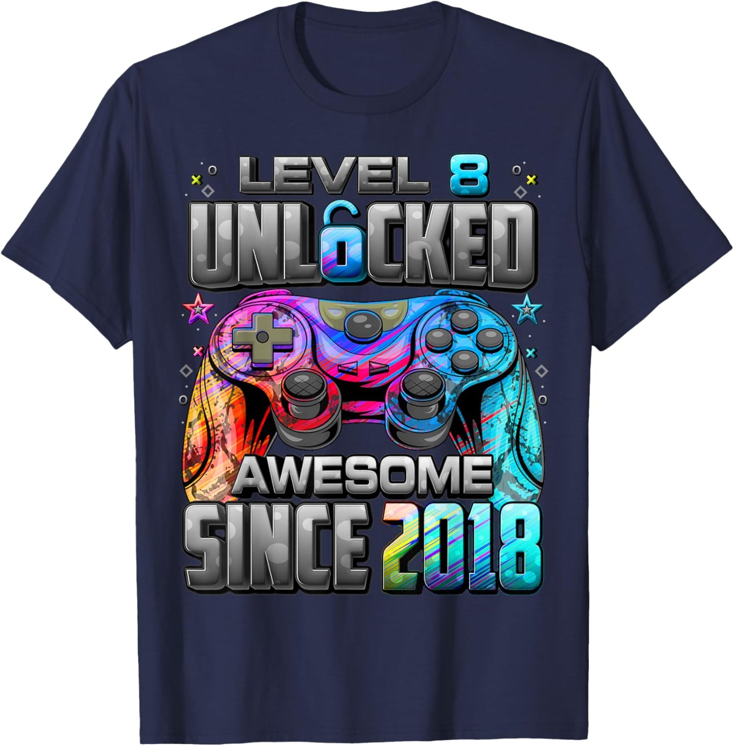 Level 8 Unlocked Awesome Since 2018 8th Birthday Gaming T-Shirt - T-Shirt | Navy