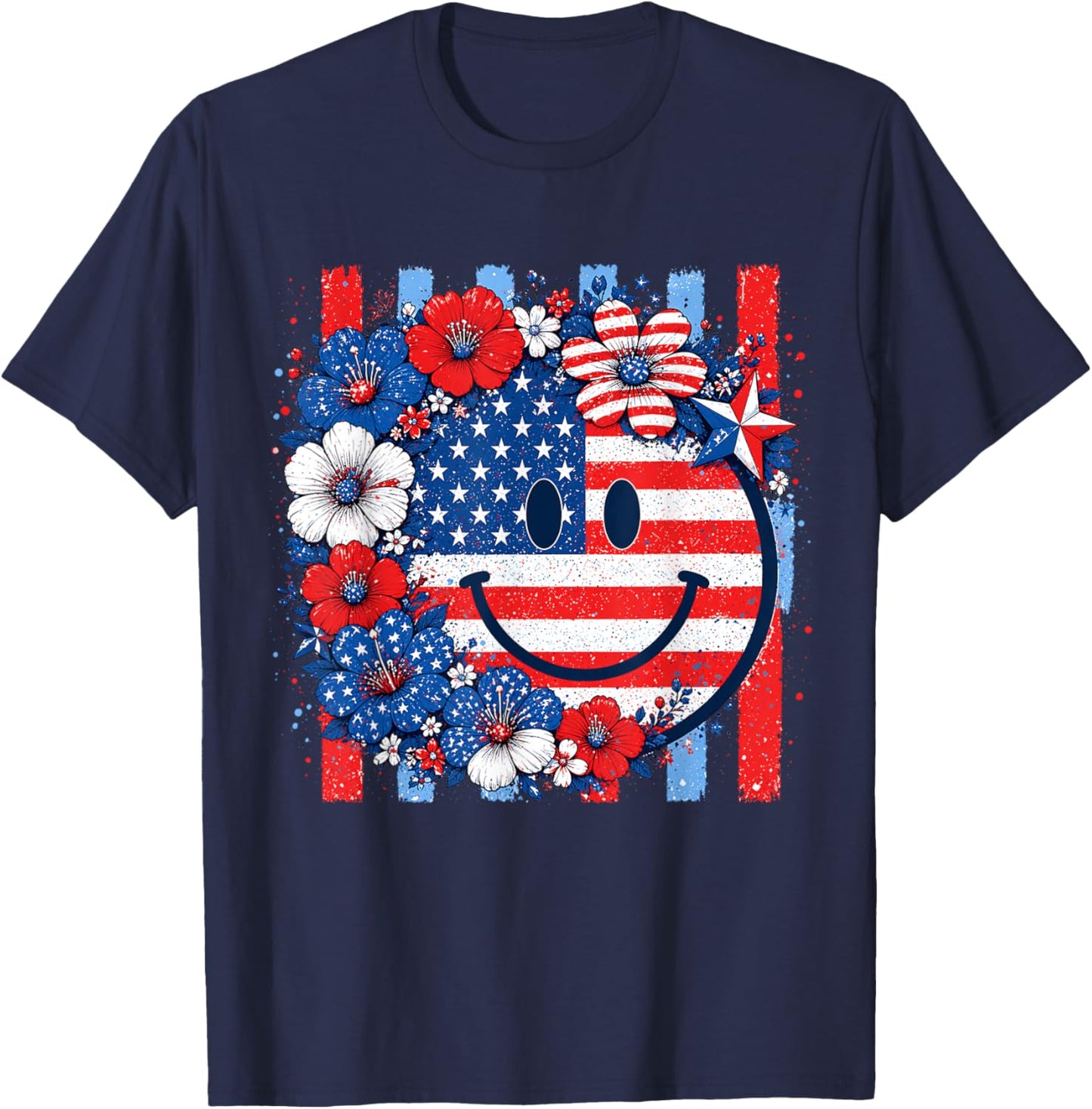 4th of July USA Smile Face Floral Patriotic Women Girl T-Shirt - T-Shirt | Navy