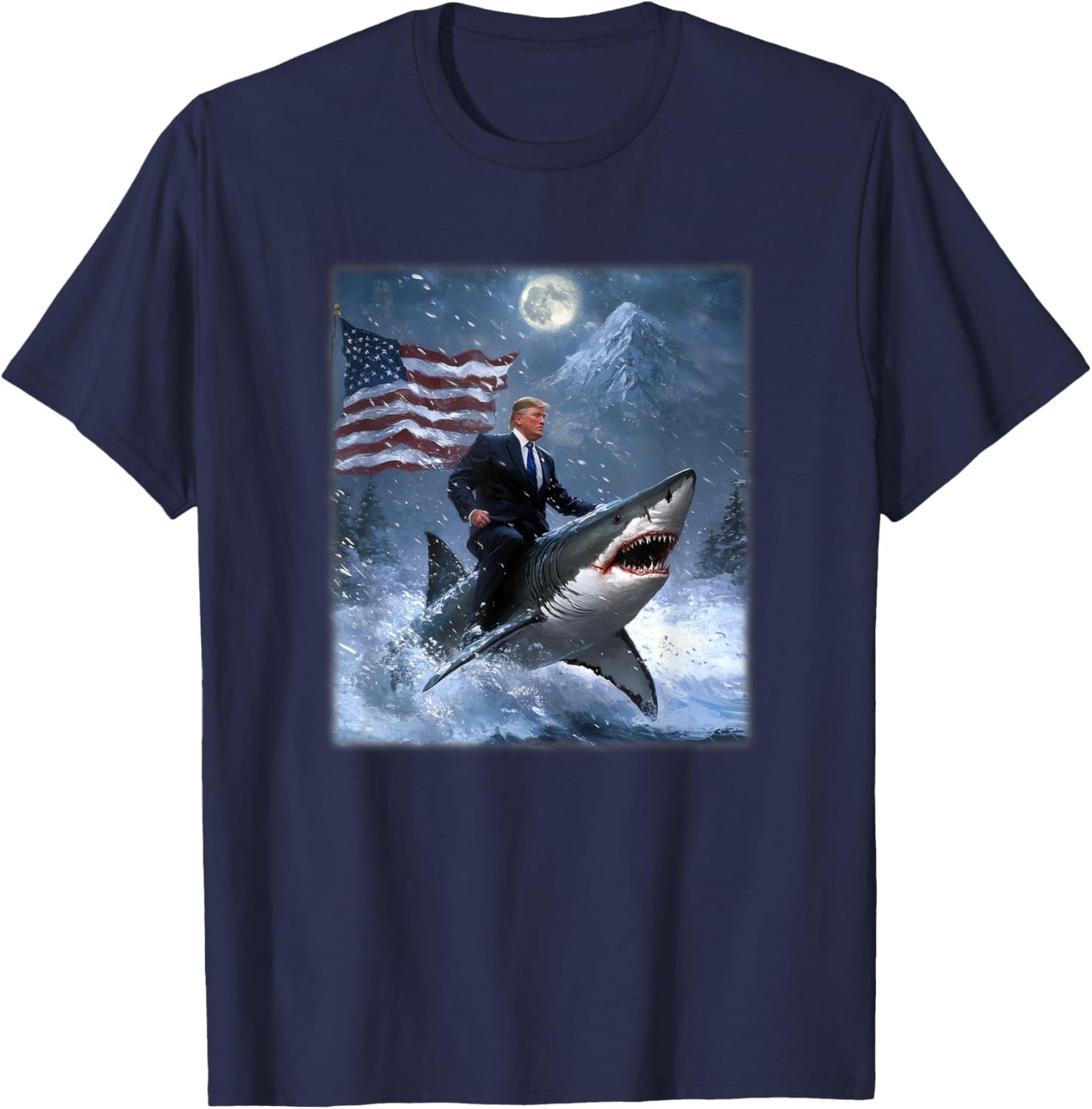 Donald Trump 2024 Riding A Shark American Flag T-Shirt - T-Shirt | Navy