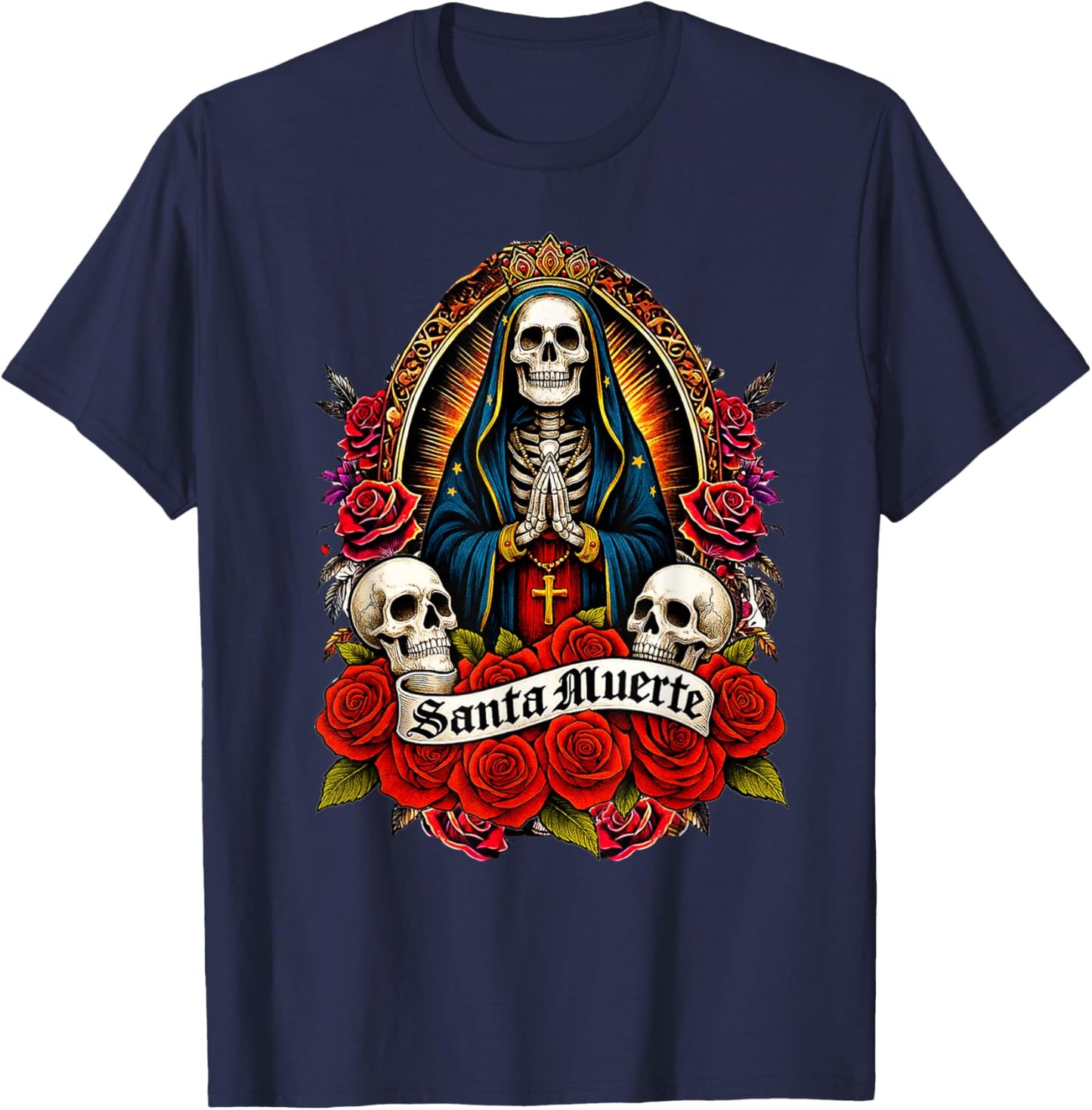 Santa Muerte Mexican Floral Saint Death T-Shirt - T-Shirt | Navy