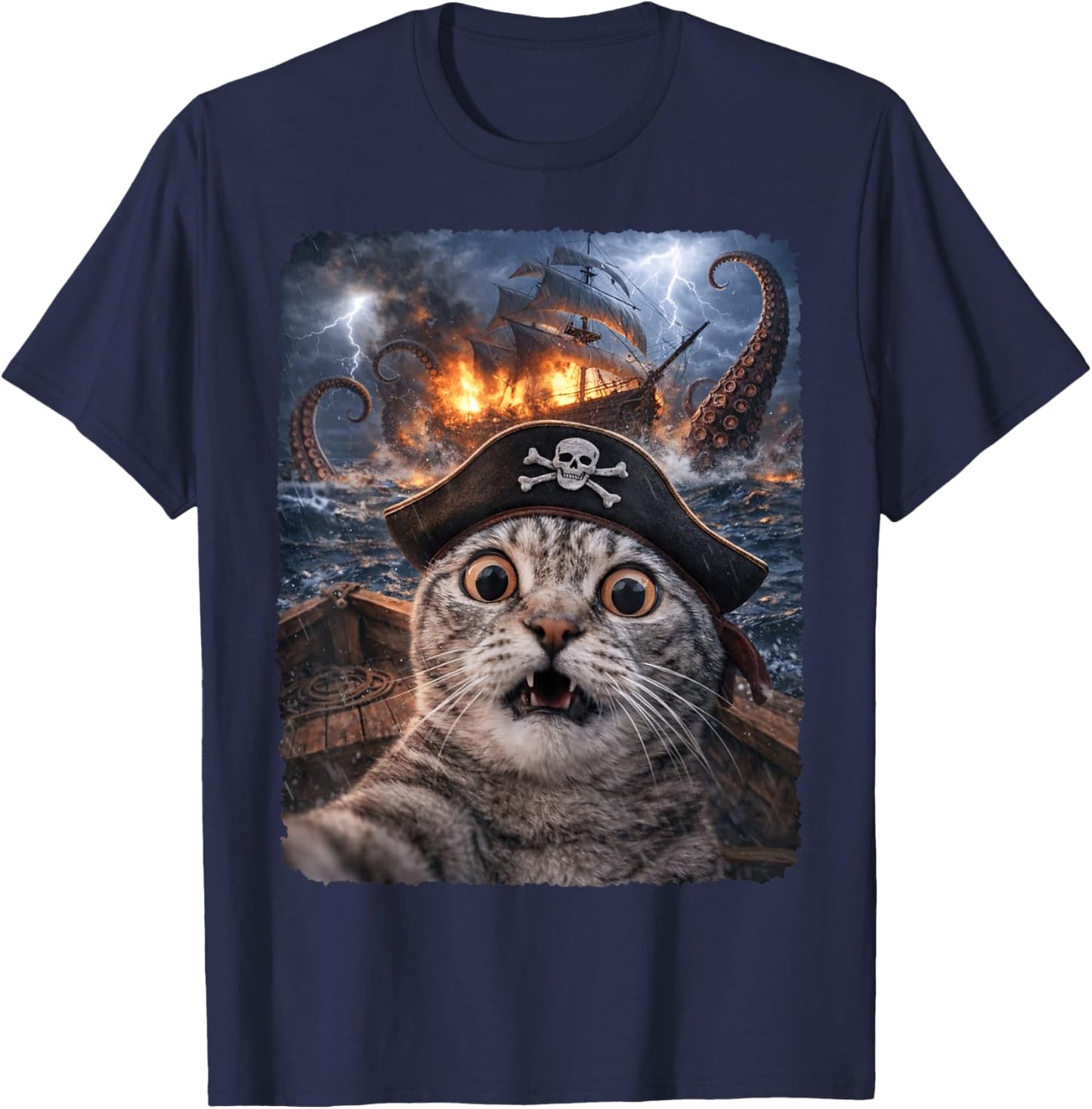 Funny Cat Pirate Selfie Kraken Sea Monster Meme T-Shirt - T-Shirt | Navy