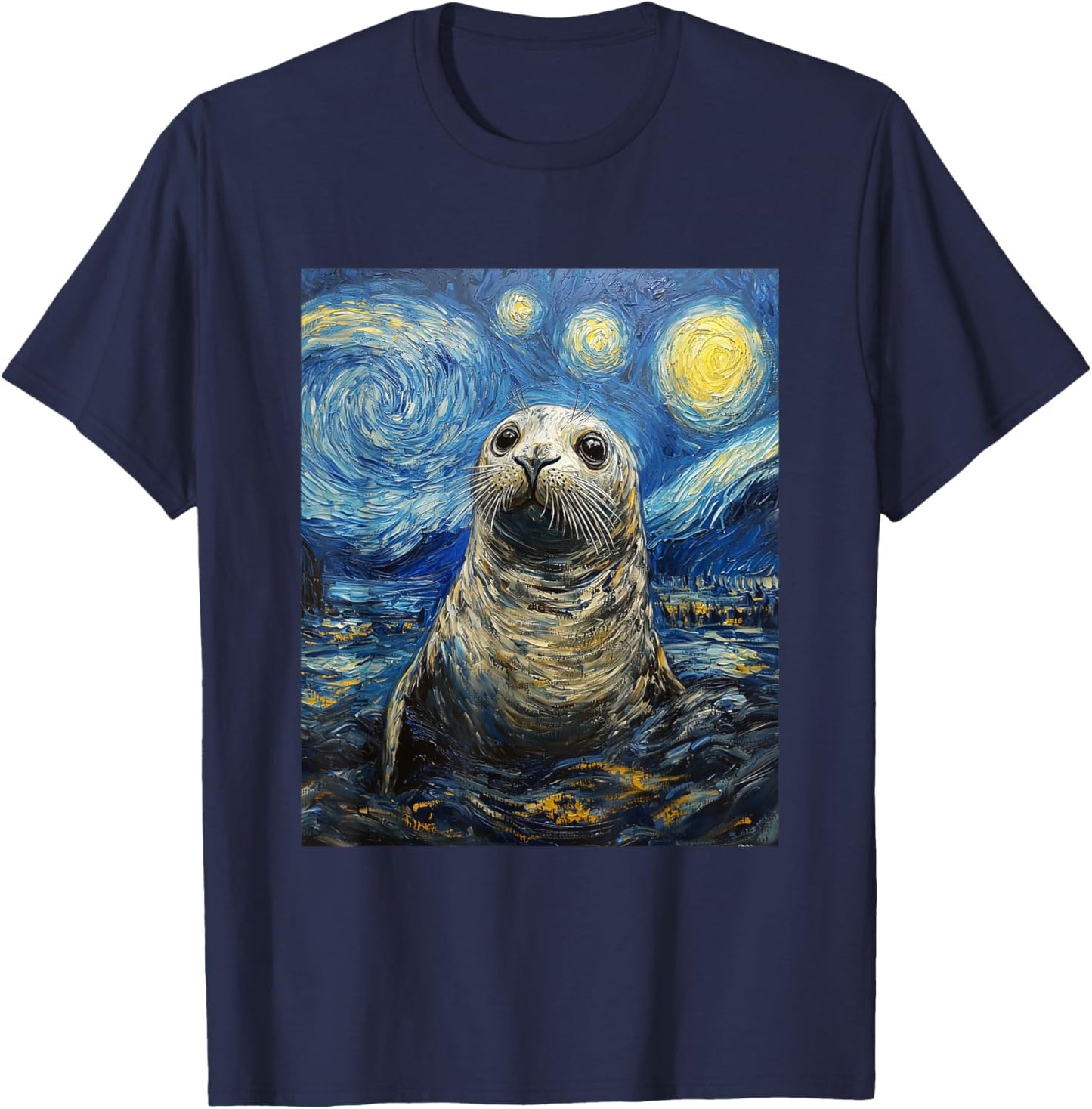 Cute Seal Sea Lion - Van Gogh Style - Starry Night Graphic T-Shirt - T-Shirt | Navy