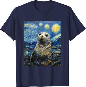 Cute Seal Sea Lion - Van Gogh Style - Starry Night Graphic T-Shirt - T-Shirt | Navy