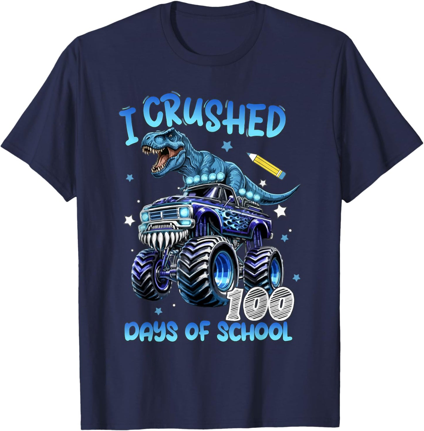 I Crushed 100 Days of School Monster Truck Dinosaur Boys T-Shirt - T-Shirt | Navy