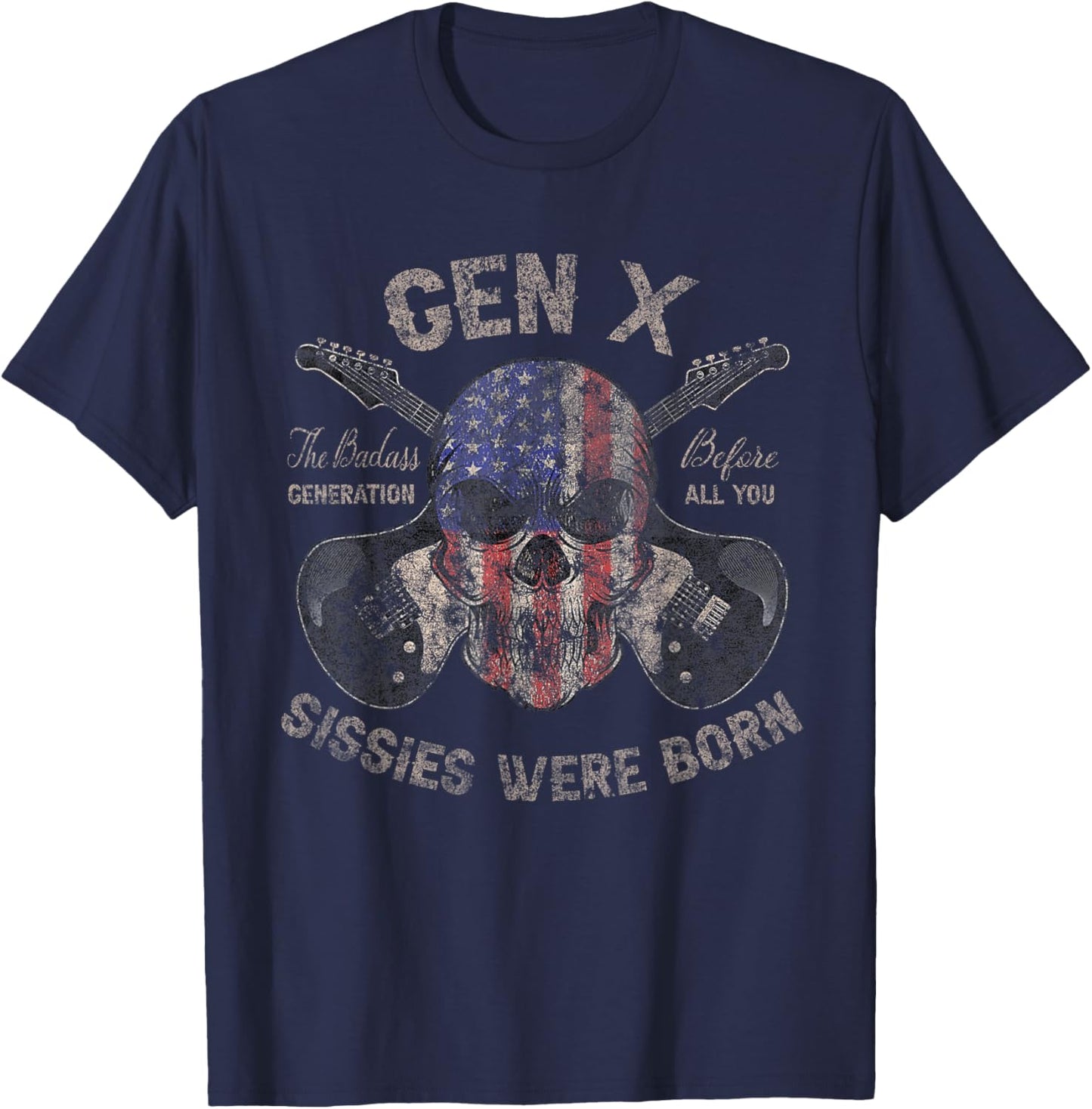 Gen X Badass Generation Skull Guitar USA Flag Retro T-Shirt - T-Shirt | Navy