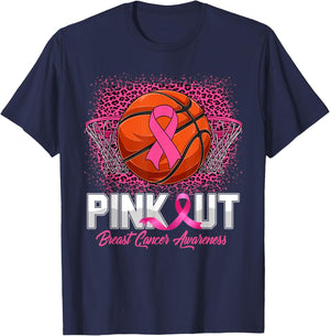 Pink Out Breast Cancer Awareness Basketball Leopard Bleached T-Shirt - T-Shirt | Navy