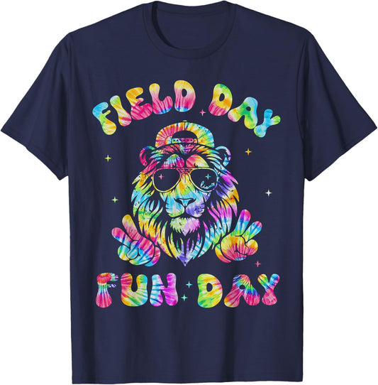 Retro Tie Dye Field Day Fun Day Teacher Kids Lions School T-Shirt - T-Shirt | Navy