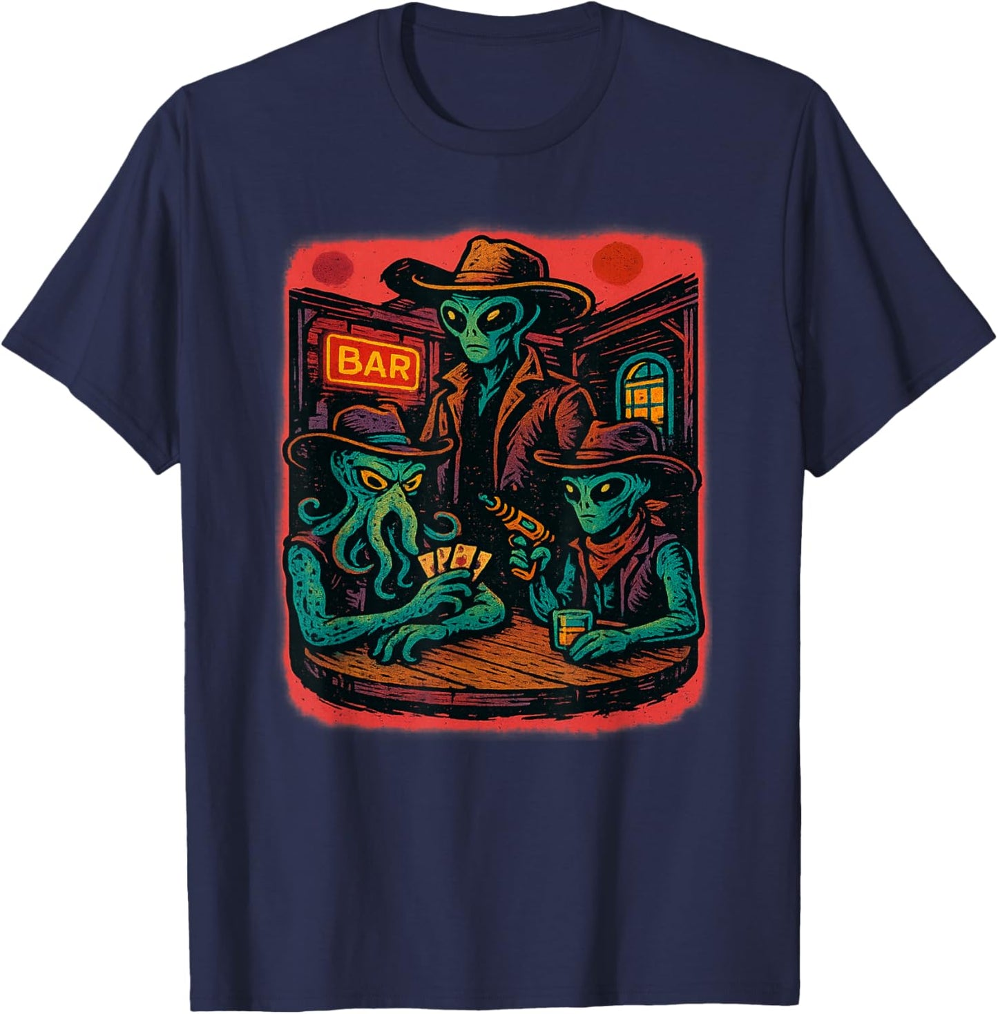 Aliens Playing Cards in Wild West Bar Scene T-Shirt - T-Shirt | Navy