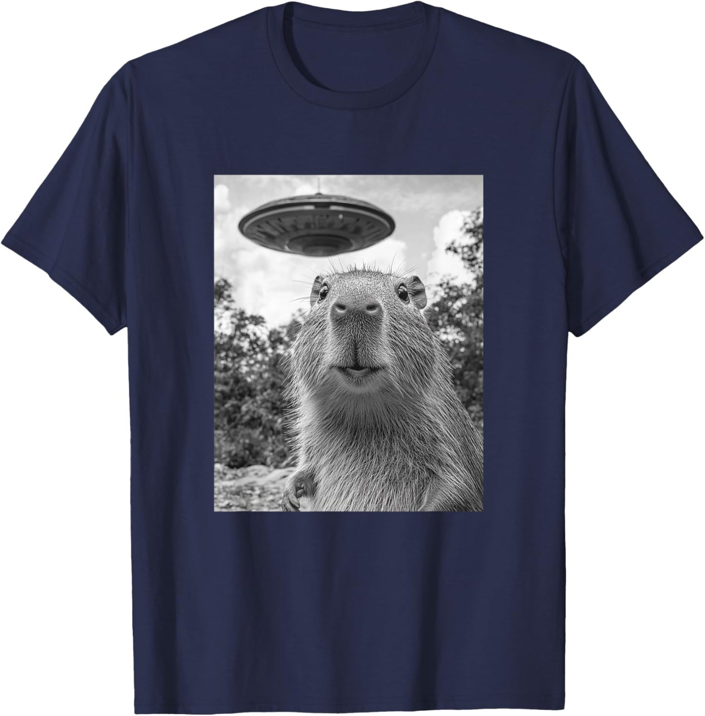 Funny Capybara Selfie with UFO T-Shirt - T-Shirt | Navy