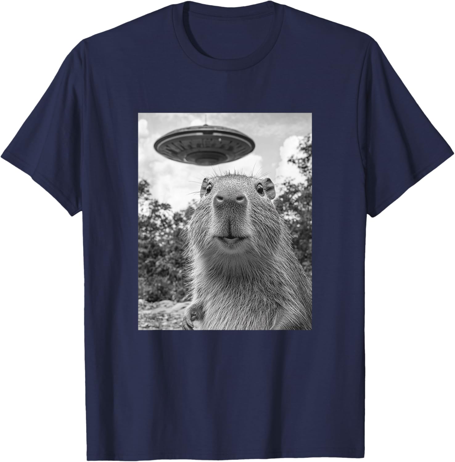 Funny Capybara Selfie with UFO T-Shirt - T-Shirt | Navy