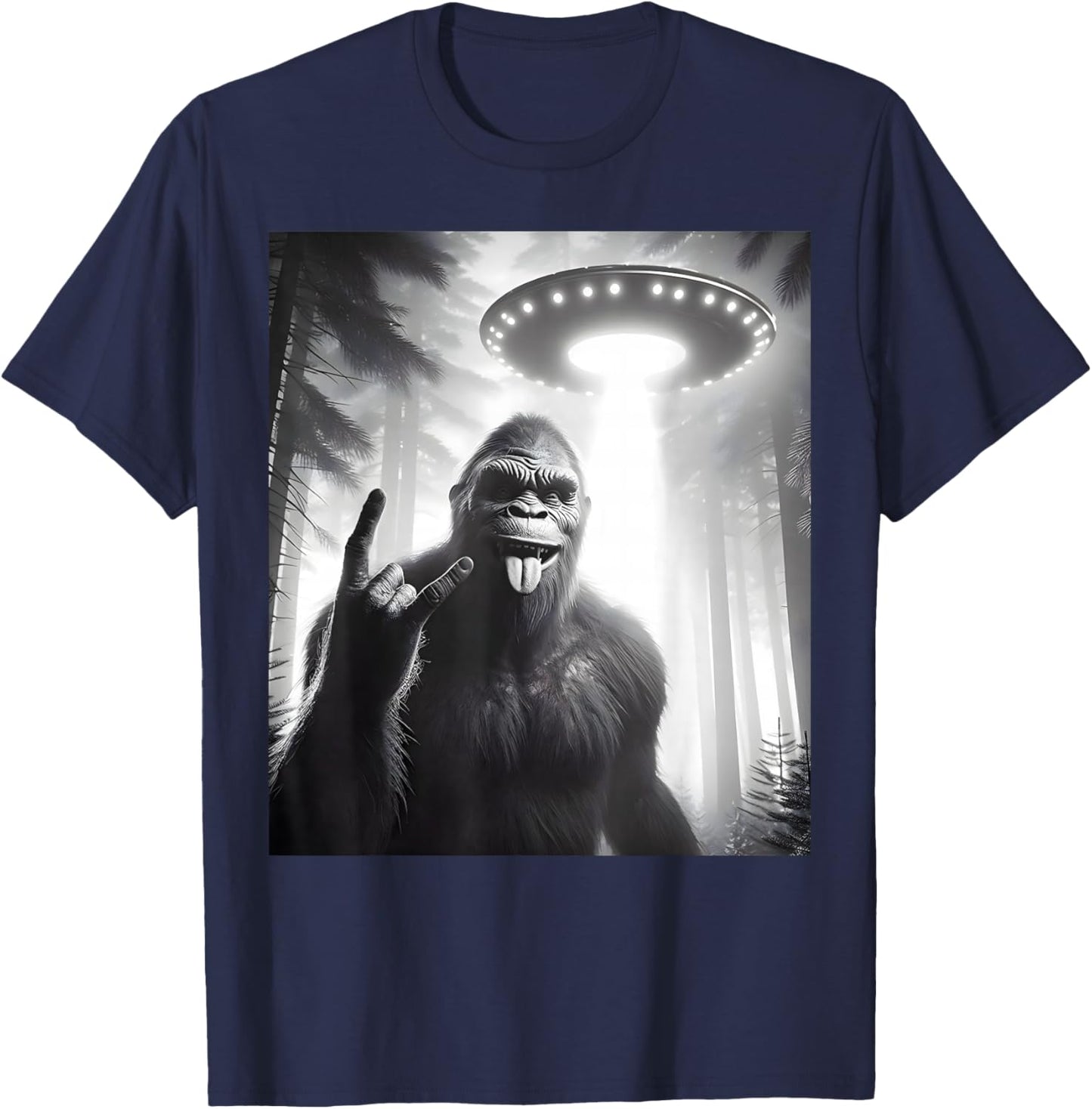 Funny Sasquatch Bigfoot Selfie With UFO Alien Rock Sign T-Shirt - T-Shirt | Navy