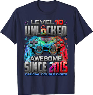 Level 10 Unlocked Awesome Since 2015 10th Birthday Gaming T-Shirt - T-Shirt | Navy