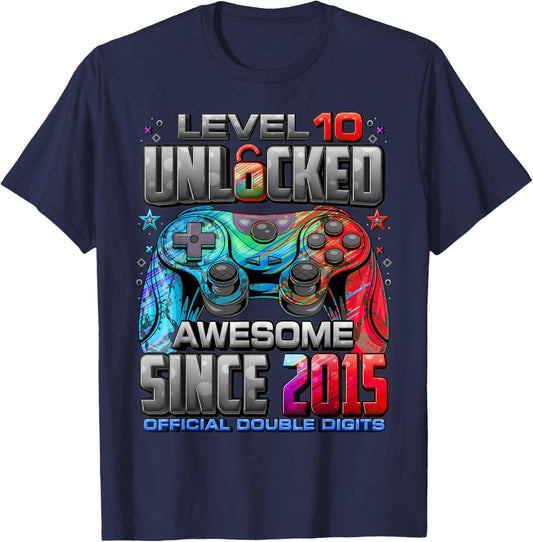 Level 10 Unlocked Awesome Since 2015 10th Birthday Gaming T-Shirt - T-Shirt | Navy
