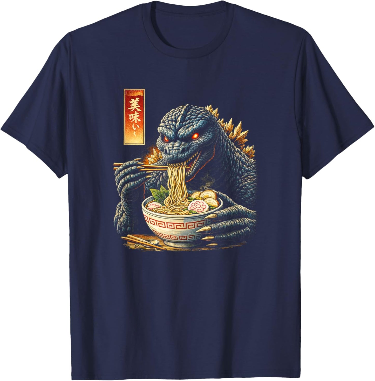 Kaiju Monster Eating Ramen – Japanese Foodie Fun T-Shirt - T-Shirt | Navy