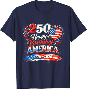 250th Birthday USA Flag Hearts Fireworks 4th of July T-Shirt - T-Shirt | Navy